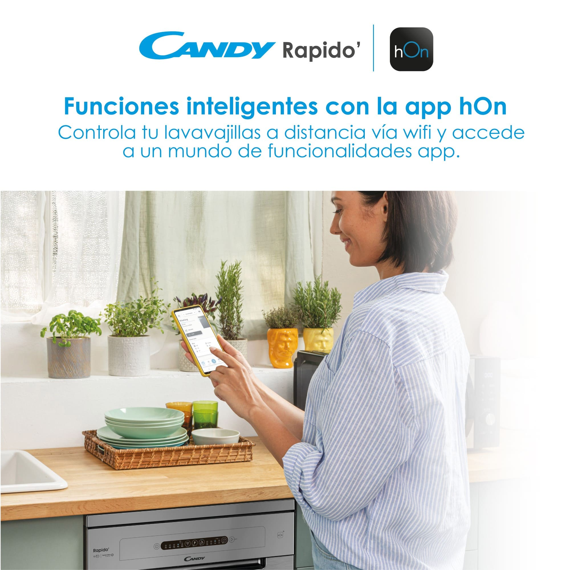 Una mujer usando un smartphone para controlar un lavavajillas en un entorno de cocina.