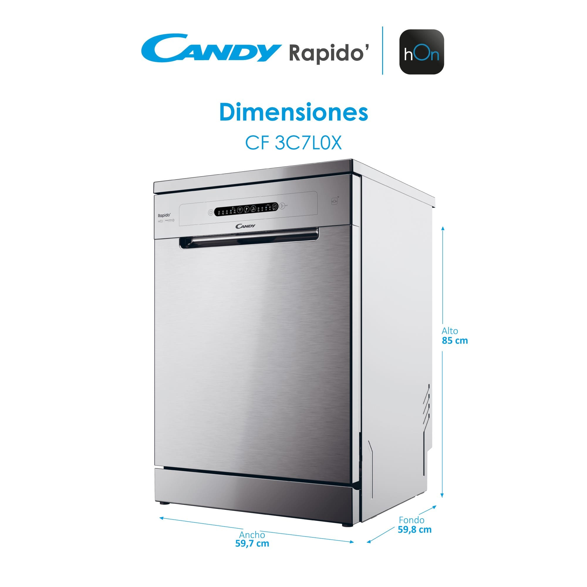 Un lavavajillas plateado con dimensiones y el logotipo de Candy Rapido, sobre un fondo blanco.