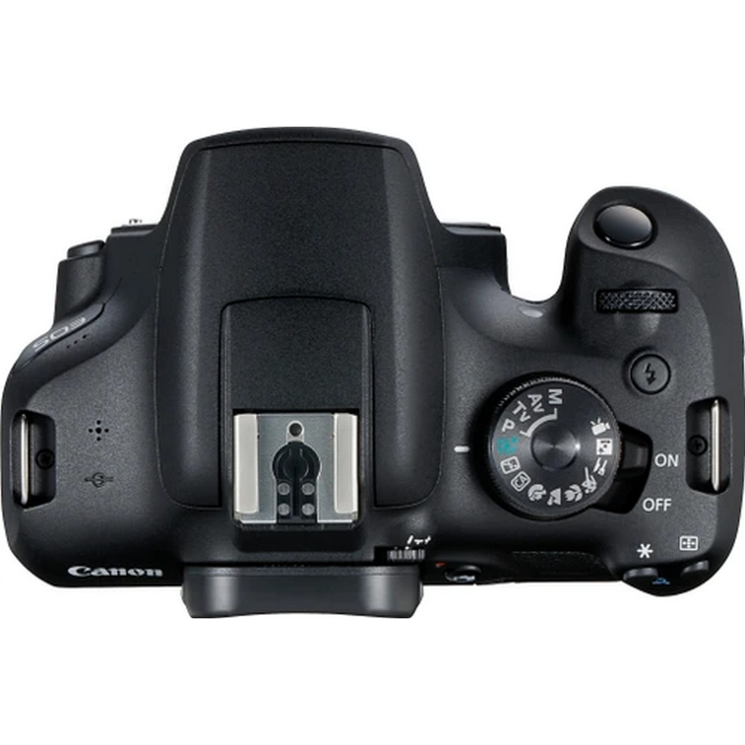 Top view of a black Canon camera with buttons and dials.
