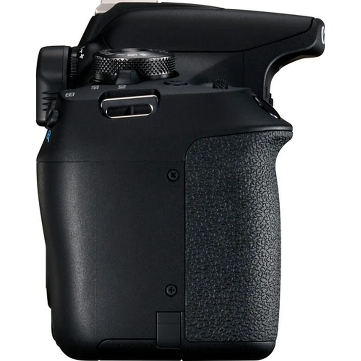 Black DSLR camera. The side profile shows the body, grip, and buttons. Textured grip.