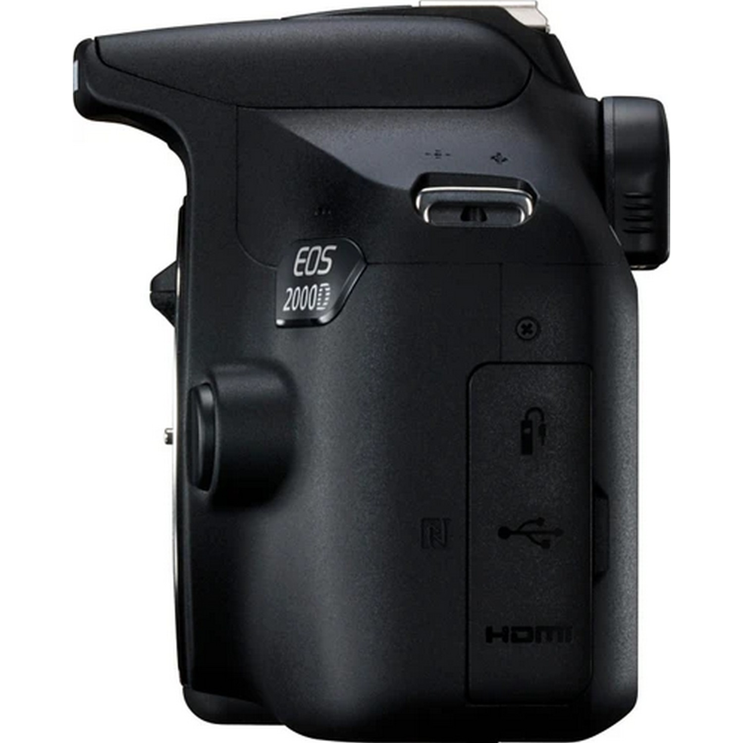 A black Canon EOS 2000D camera. The side view shows the ports and the Canon logo.