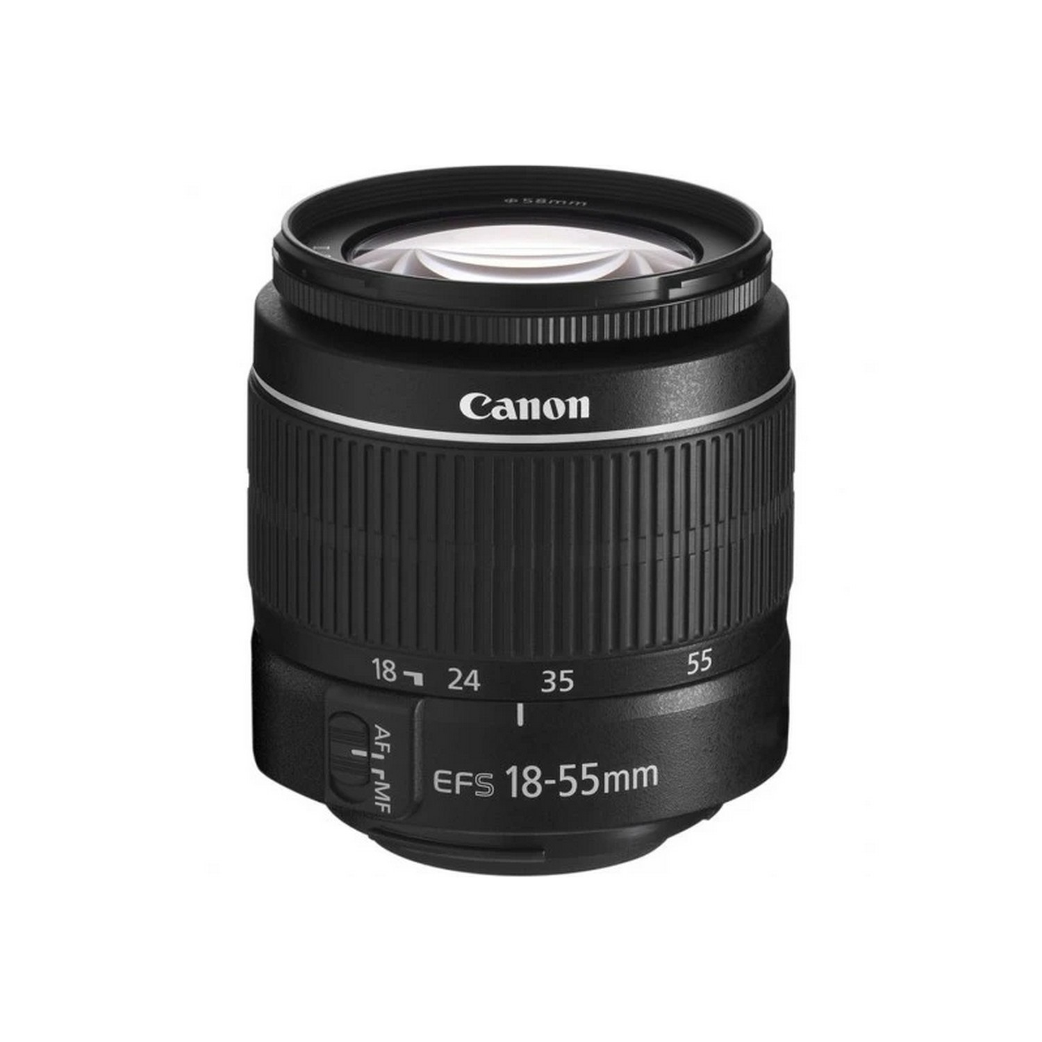 Canon EFS 18-55mm camera lens, black, with focus and zoom rings, on a white background.