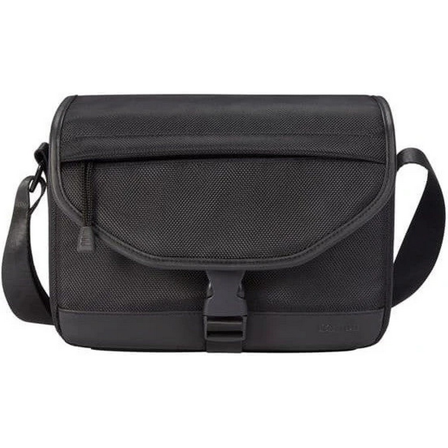 Black camera bag with a buckle and adjustable shoulder strap.