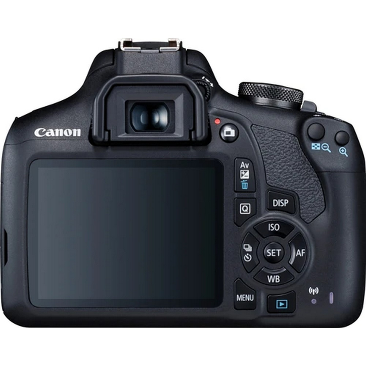 A black Canon camera, showing its back with the LCD screen and control buttons.