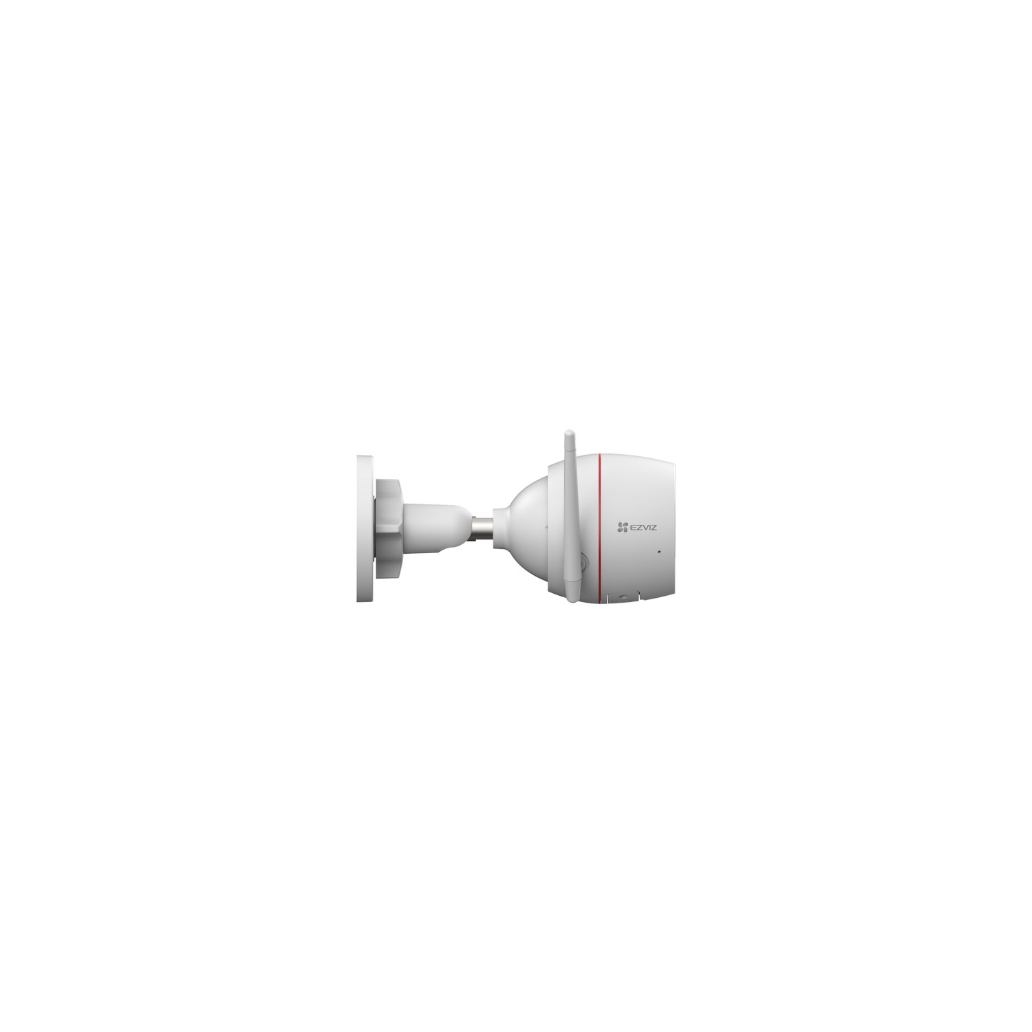White EZVIZ security camera. Side view, mounted on a white surface. Red line detail.