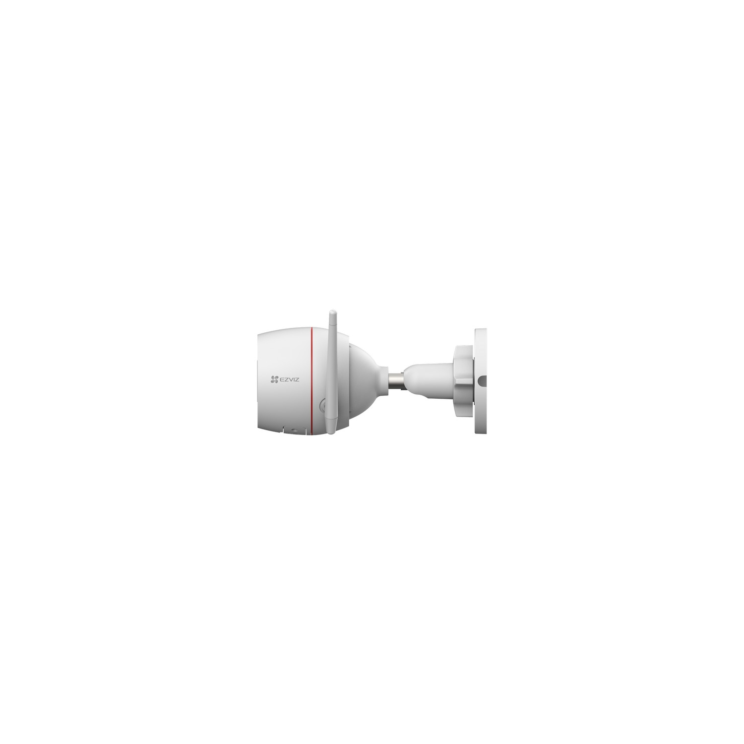 White security camera, mounted on a white wall.