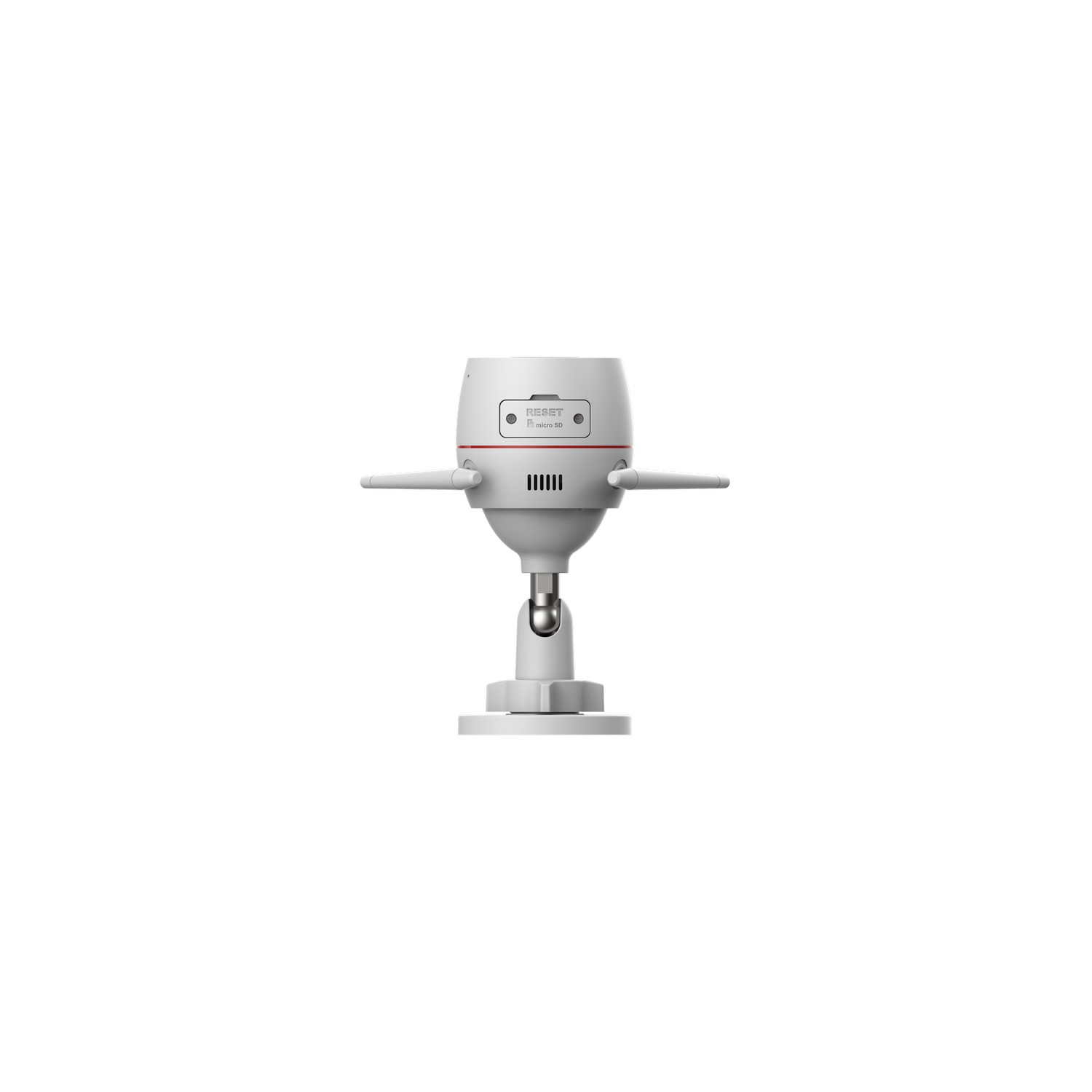 A white security camera with two antenna arms, on a white surface.