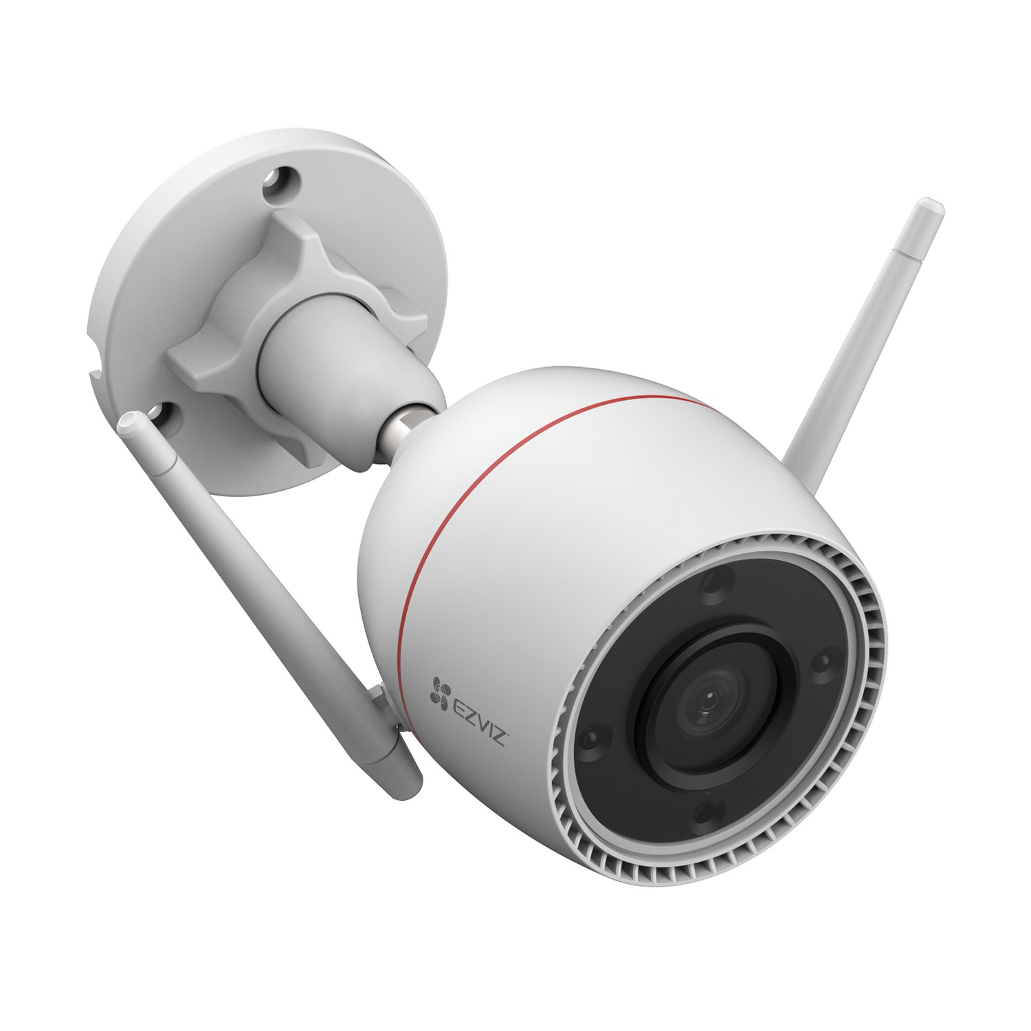 A white security camera with two antennas and a red stripe.