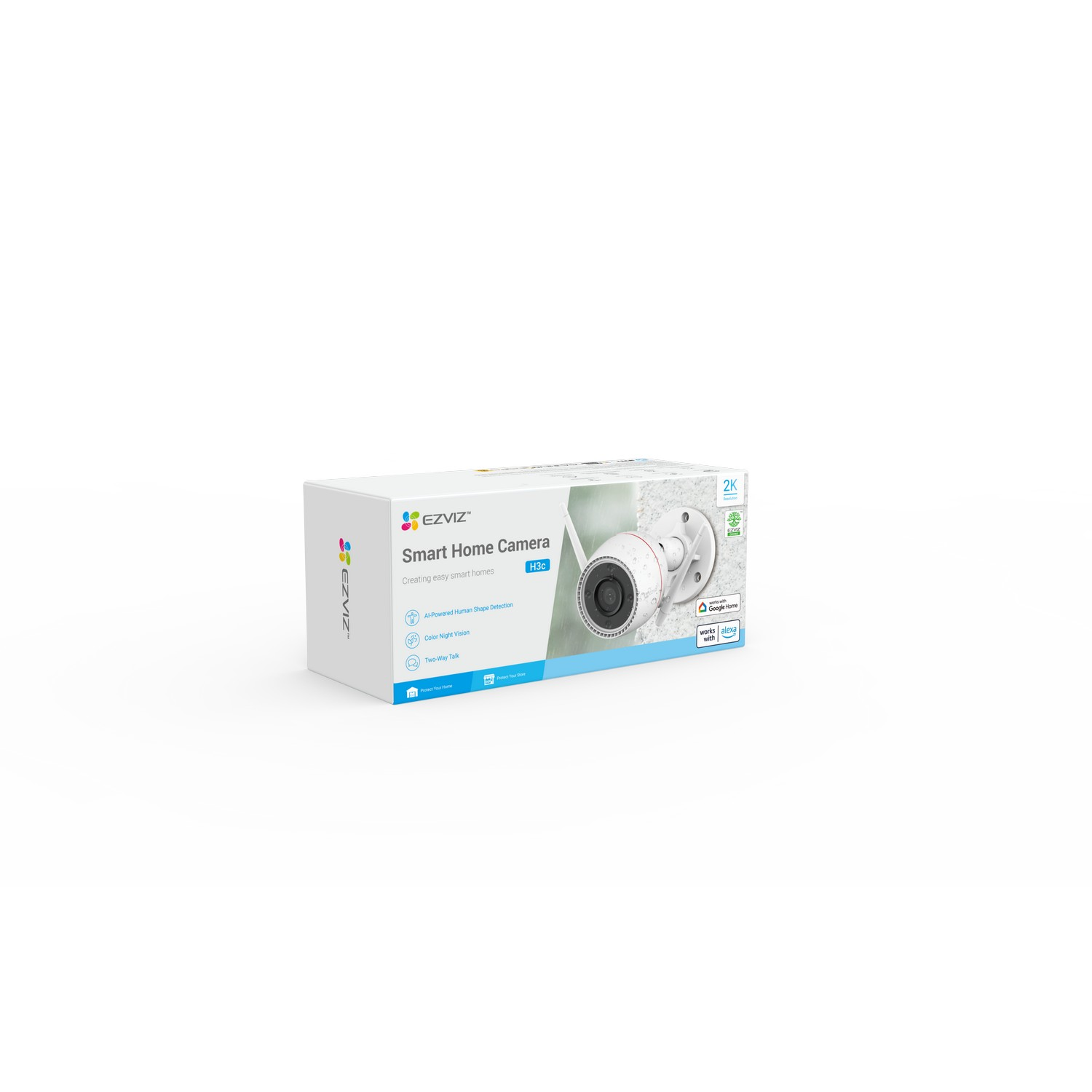 White box with smart home camera, featuring a white camera and text.
