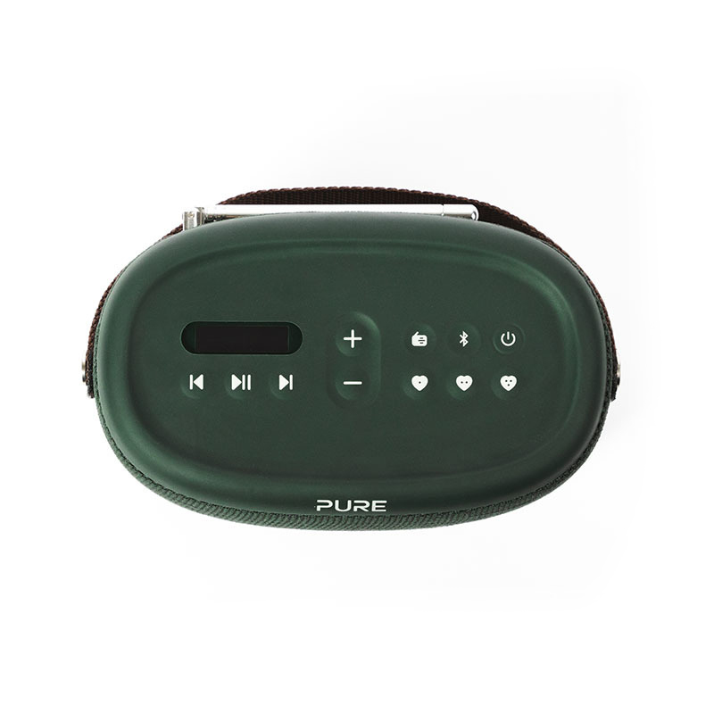 Ein dunkelgrünes tragbares Radio mit Display, Knöpfen und Griff.