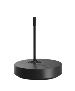 Czarny stojak z wąską nóżką i okrągłą podstawą, na białym tle.