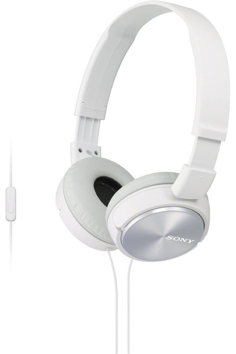 Białe słuchawki Sony ze srebrnym logo. Słuchawki na białym tle. Widok z boku.