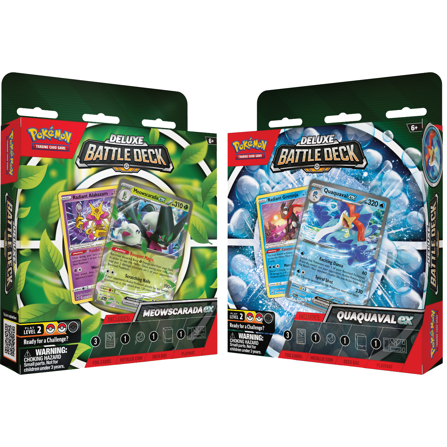 Twee Pokemon Deluxe Battle Deck-dozen, met verschillende Pokemon-kaarten, tegen een groene achtergrond.