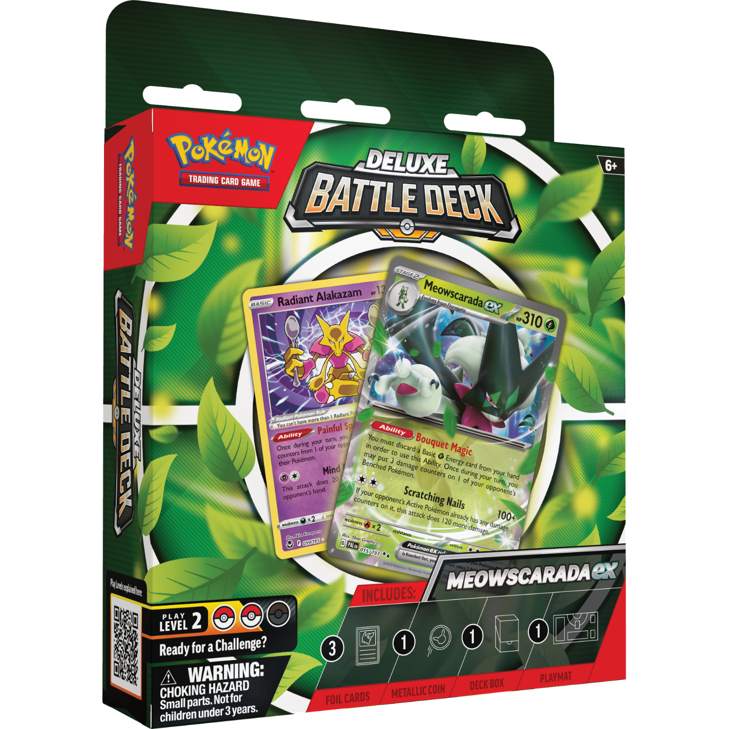Pokemon Deluxe Battle Deck doos met twee kaarten en bladeren. De doos is groen en rood.
