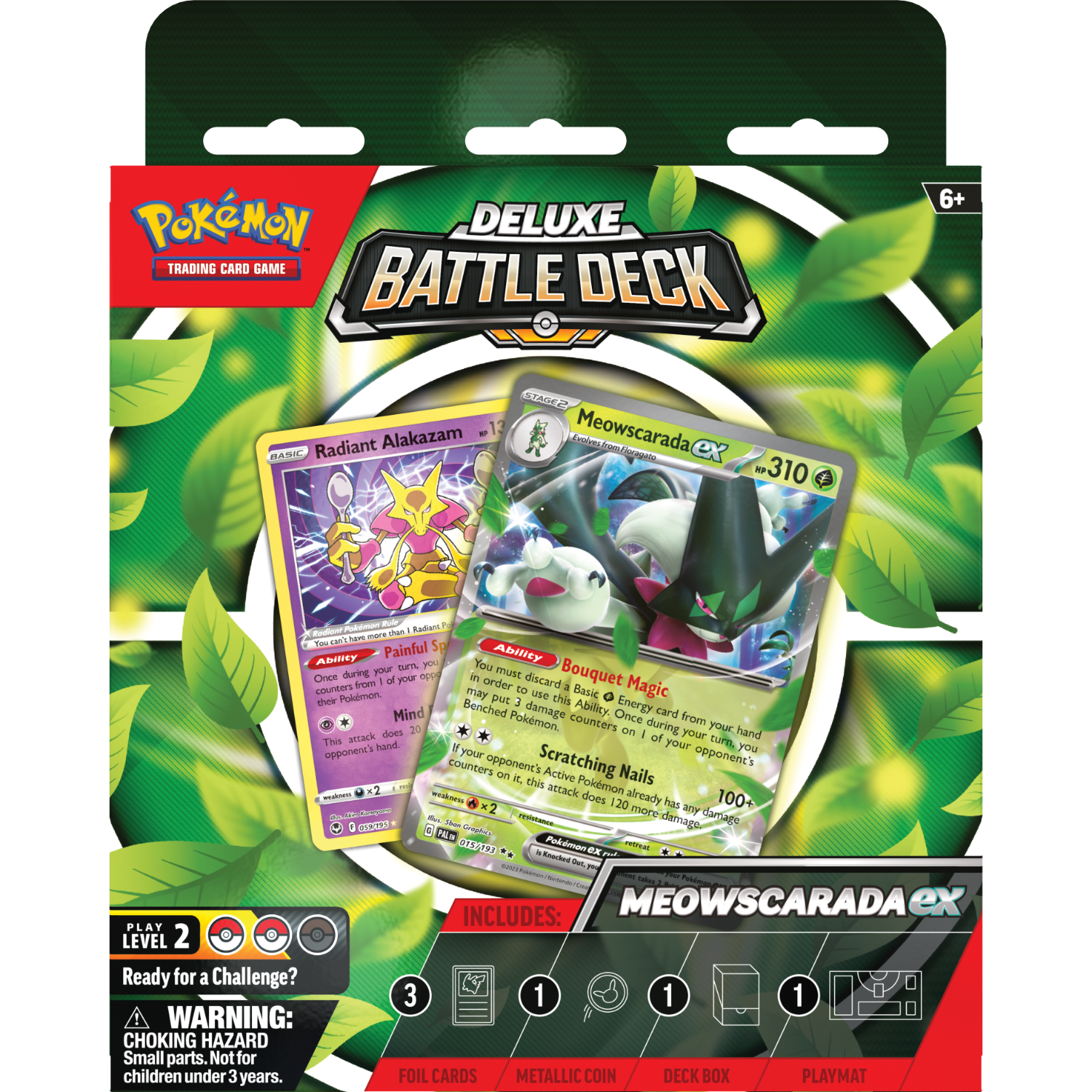 Pokemon Trading Card Game-doos. Het bevat twee kaarten, Radiant Alakazam en Meowscarada ex, plus accessoires.