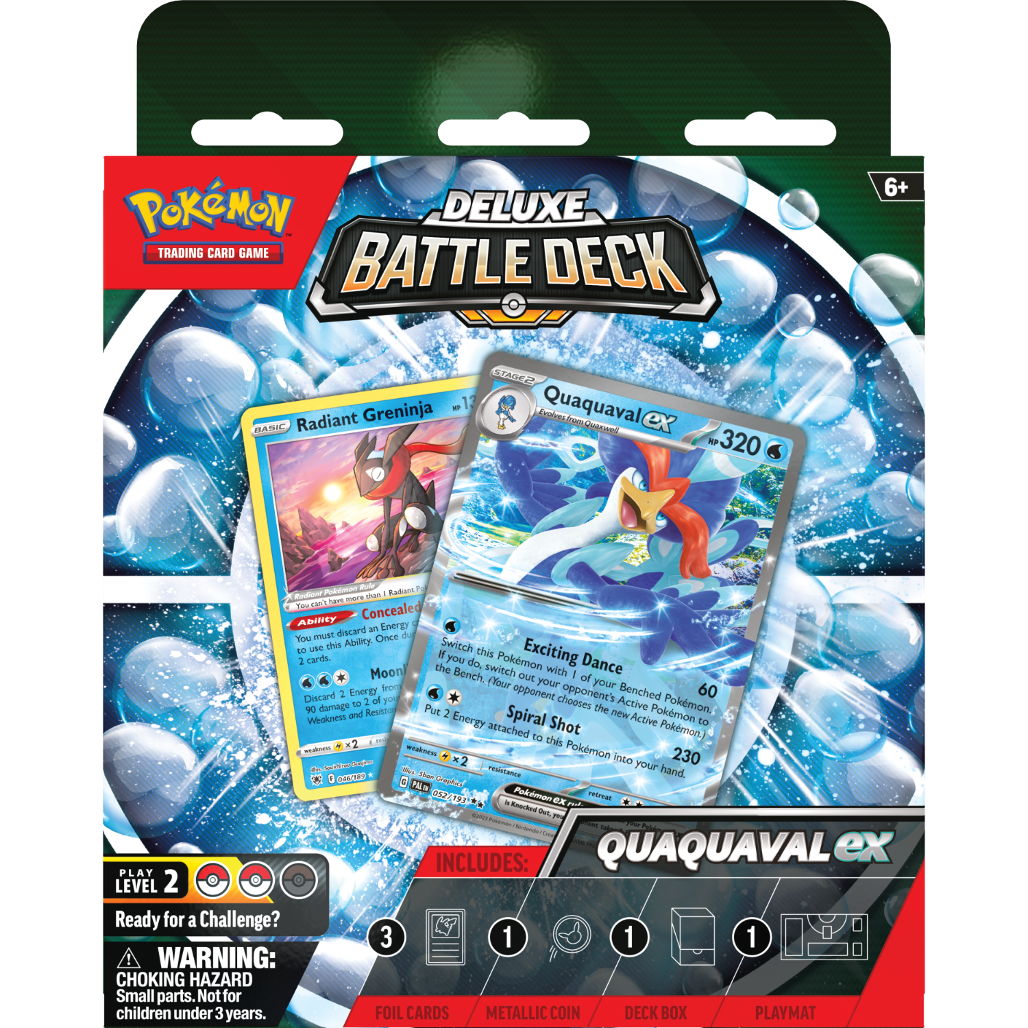 Deluxe Pokemon Battle Deck box met twee Pokemon kaarten en accessoires.