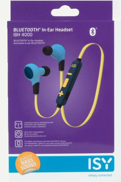 Niebiesko-żółte słuchawki douszne w opakowaniu, z opisem tekstowym.