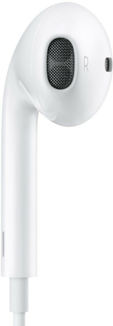 Zbliżenie białej słuchawki Apple. Widoczne 'R'. Słuchawka na białym tle.