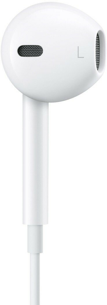 Biała słuchawka Apple, pokazująca oznaczenie L. Widoczny kabel i mikrofon.