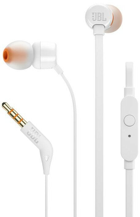 Białe słuchawki douszne JBL z pomarańczowymi końcówkami i białym modułem sterowania.