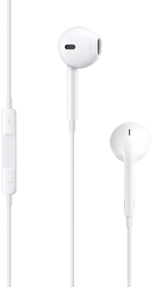 Białe słuchawki Apple EarPods. Posiadają regulację głośności. Są na białym tle.