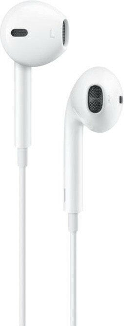 Białe słuchawki Apple. Mają długi biały kabel i są widoczne na białym tle.