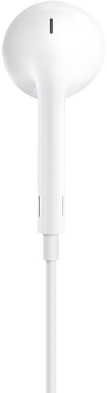 Biała słuchawka douszna z długim, białym przewodem.