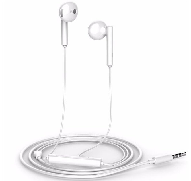 Białe słuchawki douszne z wbudowanym mikrofonem i białym kablem z przyciskiem sterowania i złączem.
