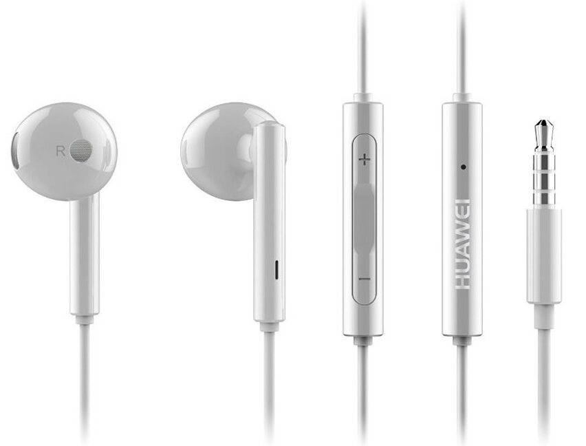 Białe słuchawki Huawei z modułem sterowania i wtyczką. Słuchawki są białe.