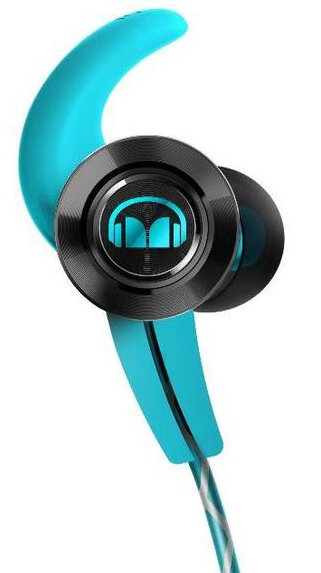 Turkusowe słuchawki douszne z czarnymi akcentami. Słuchawki są białe i mają kabel. Białe tło.