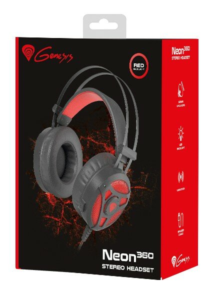 Czarno-czerwony zestaw słuchawkowy Genesis Neon 360 w pudełku. Pudełko zawiera szczegóły produktu i ikony.