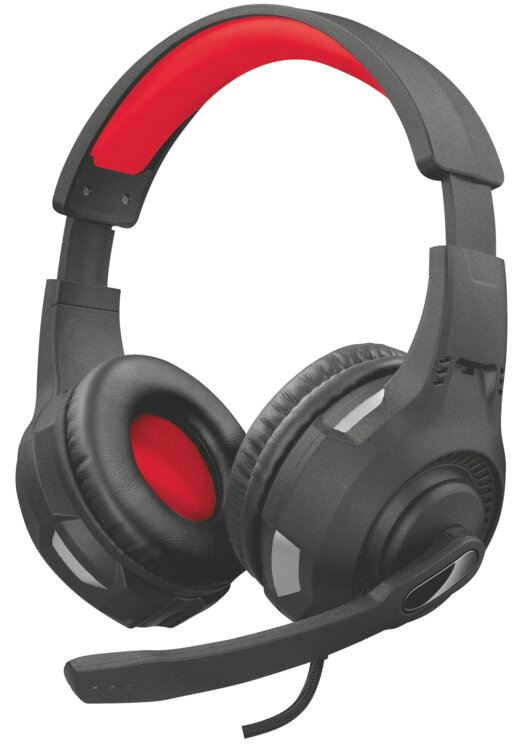 Czarne i czerwone słuchawki gamingowe z mikrofonem, przeznaczone do komunikacji audio i głosowej.