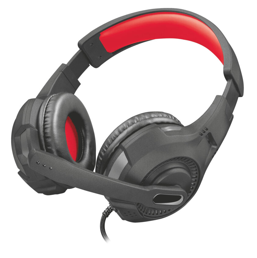 Czarne i szare słuchawki dla graczy z czerwoną opaską i mikrofonem.
