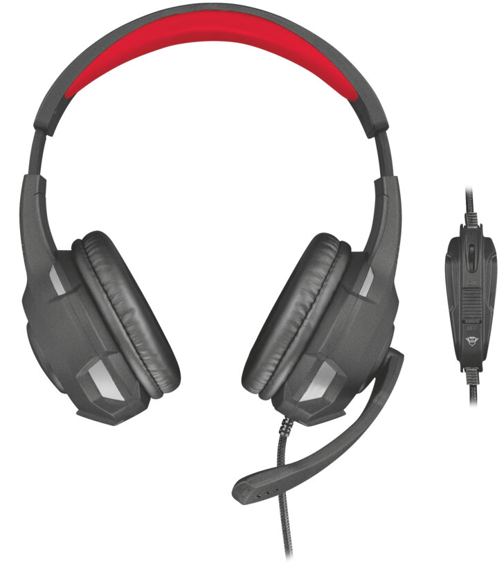 Czarne i szare słuchawki z czerwonym pałąkiem i mikrofonem, białe tło.