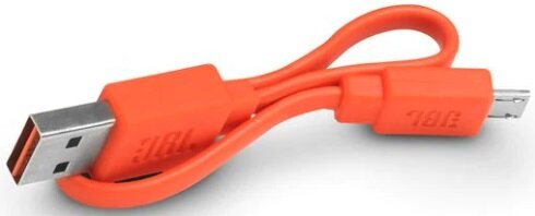Pomarańczowy kabel ładujący JBL z łączami USB-A i Micro-USB.