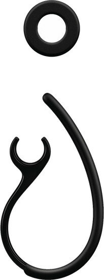 Czarne haczyki na uszy: jeden okrągły, jeden z zakrzywionym haczykiem i zakrzywionym kształtem na dole.