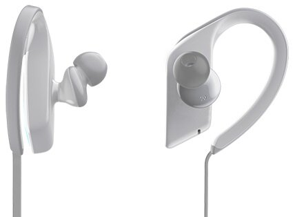 Biały zestaw słuchawkowy. Jeden słuchawka po lewej i drugi po prawej.