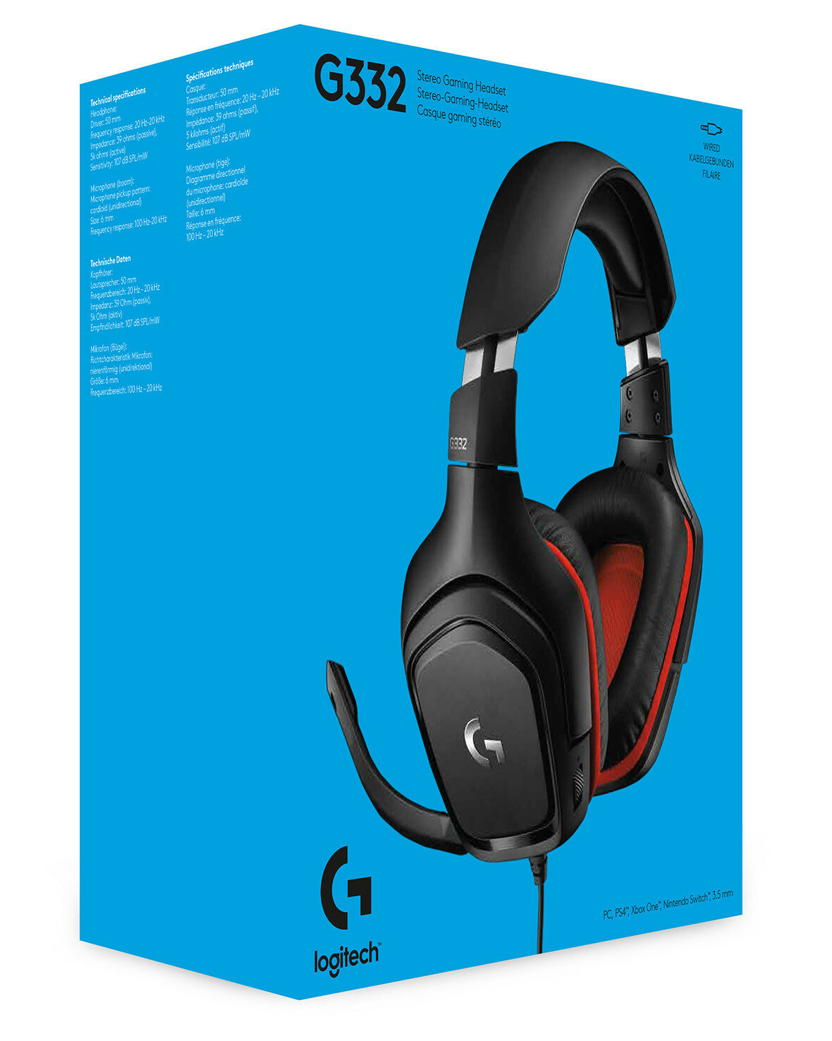 Pudełko słuchawek gamingowych Logitech G332. Niebieskie pudełko ze zdjęciem słuchawek i specyfikacjami.