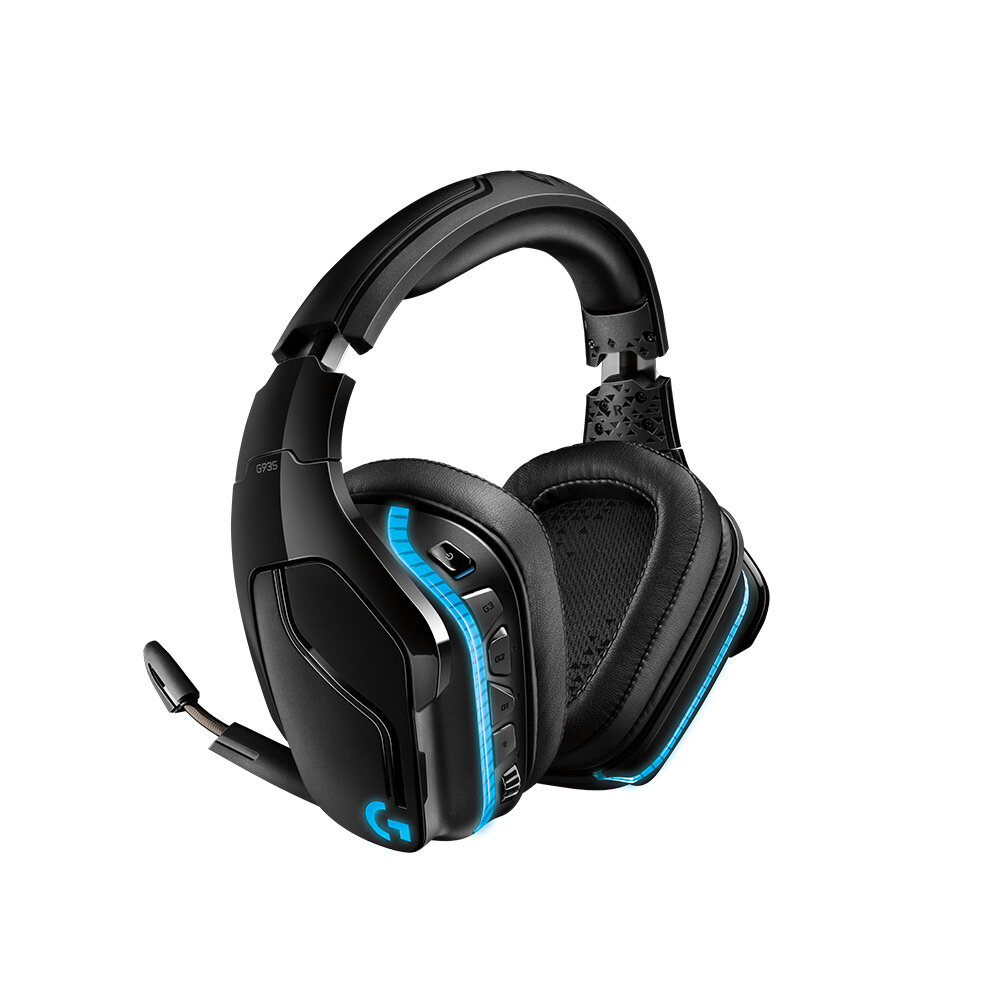 Czarne słuchawki gamingowe Logitech G735 z mikrofonem i niebieskim podświetleniem.