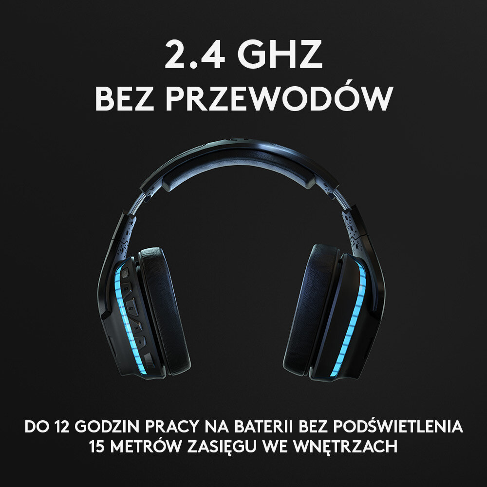 Czarne bezprzewodowe słuchawki dla graczy z niebieskimi światłami, tekst po polsku.