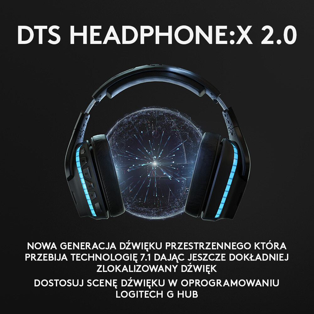 Czarne słuchawki z niebieskimi światłami. Tekst: DTS HEADPHONE:X 2.0.