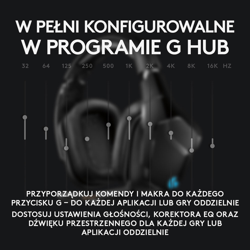 Diagram przedstawiający opcje dostosowywania dla zestawu słuchawkowego w interfejsie oprogramowania G Hub.