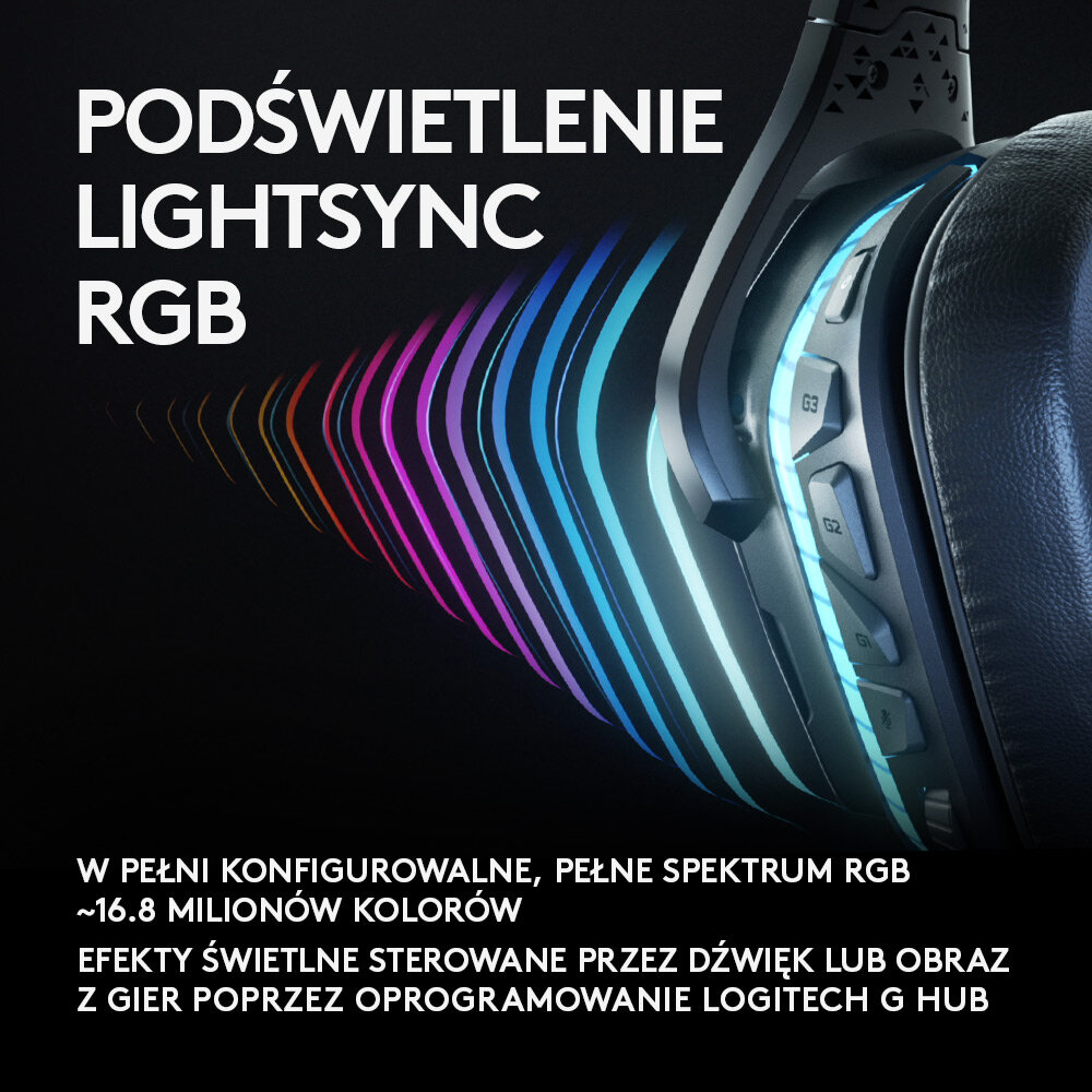 Zbliżenie słuchawek dla graczy z podświetleniem RGB. Tekst brzmi 'LIGHTSYNC RGB'.