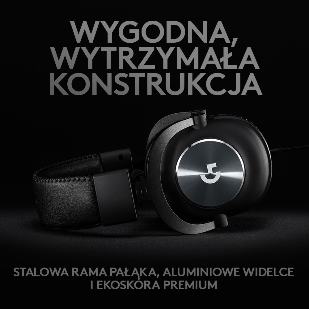 Czarne i srebrne słuchawki dla graczy na czarnej powierzchni. Tekst: 'Wygodna, trwała konstrukcja'.