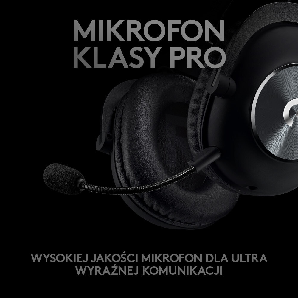 Czarne słuchawki z mikrofonem. Tekst: Mikrofon klasy Pro, wysoka jakość dla ultra wyraźnej komunikacji.