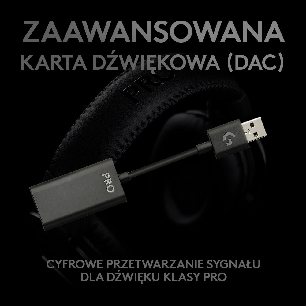Czarna karta dźwiękowa z złączem USB i etykietą PRO, podłączona do czarnego zestawu słuchawkowego.