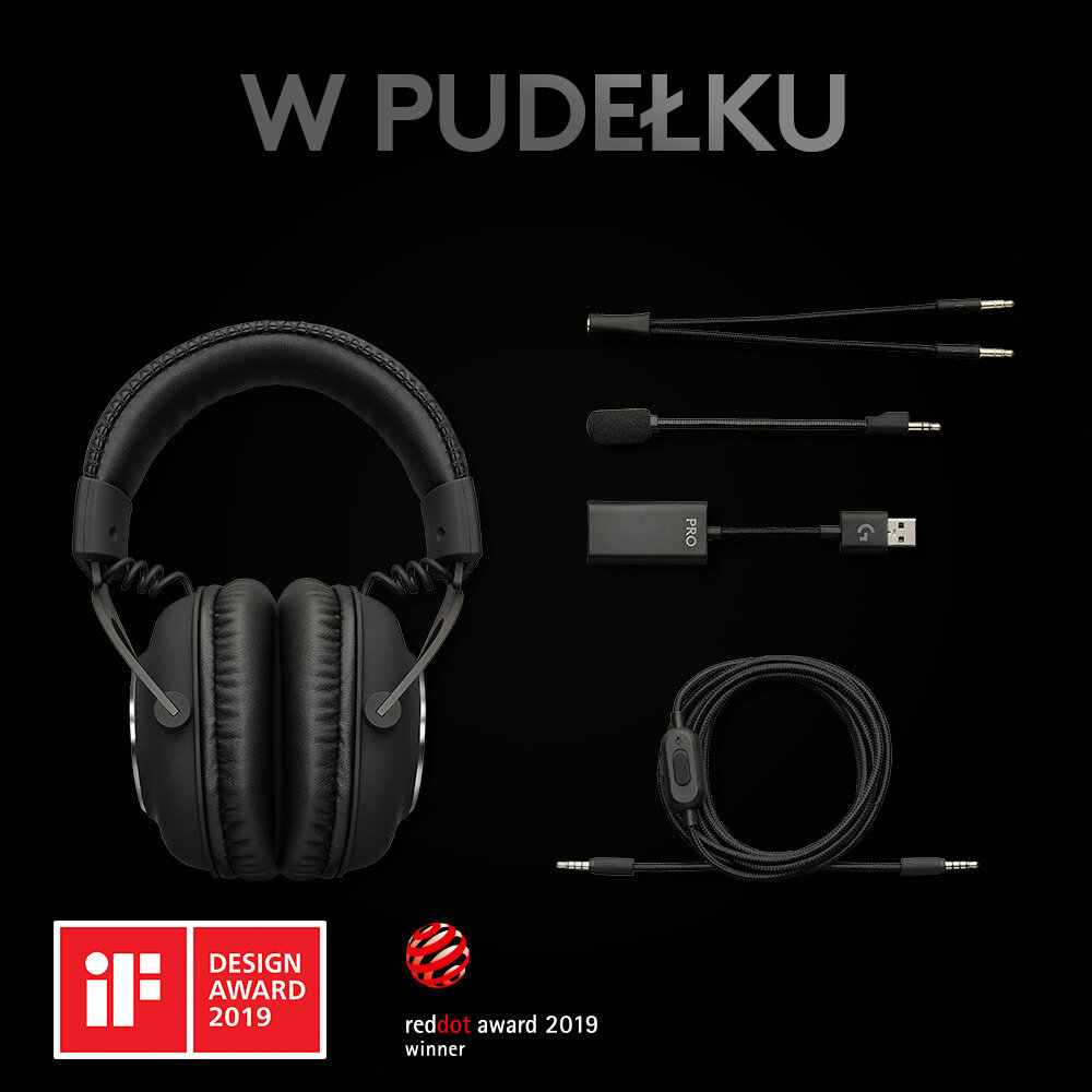 Czarny zestaw słuchawkowy dla graczy z akcesoriami. Zawiera mikrofon, kable i klucz USB. Zwycięzca nagrody Reddot.