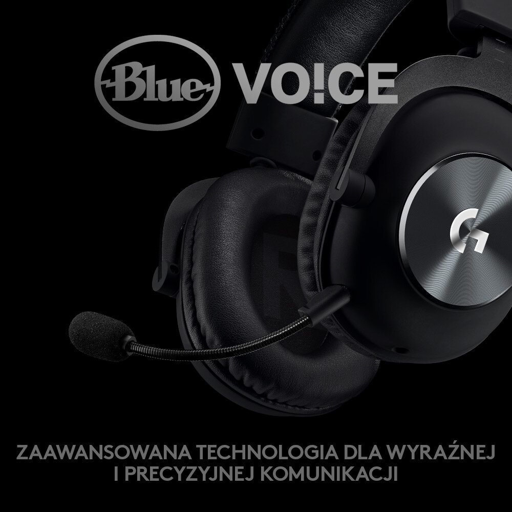 Zbliżenie czarnych słuchawek do gier z mikrofonem, widoczne logo Blue VO!CE.