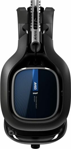 Czarny zestaw słuchawkowy Astro A40 TR, niebieskie akcenty, z mikrofonem.