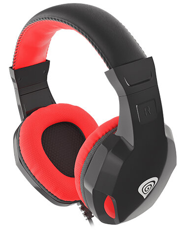 Czarne i czerwone słuchawki dla graczy z mikrofonem na białym tle.